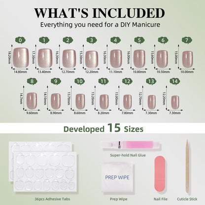 WiniBeauty Cat Eye Press On Nails Square – Moonlit Pearl, 30 Nails in 15 Sizes