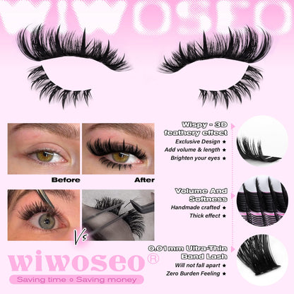 wiwoseo Bottom Lash Clusters with Spikes Kit | 200D D-Curl Lash Extensions, Bond & Seal, Beginner Friendly