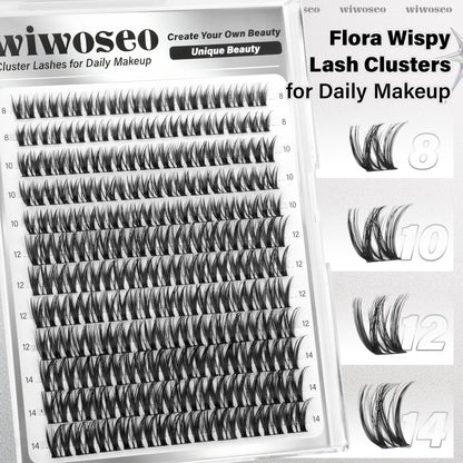 wiwoseo Flaunt Flora Lash Clusters Kit – Natural Wispy 8-14mm Lash Extensions for Daily Glam