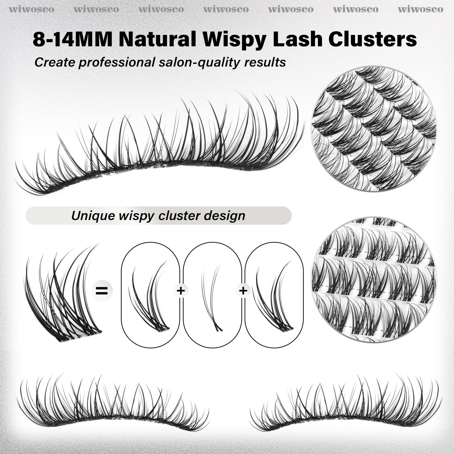 wiwoseo Flaunt Lash Clusters Kit – Natural D-Curl Wispy Lashes 8-14mm for Beginners