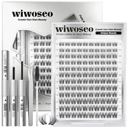 wiwoseo Flaunt Lash Clusters Kit – Natural D-Curl Wispy Lashes 8-14mm for Beginners