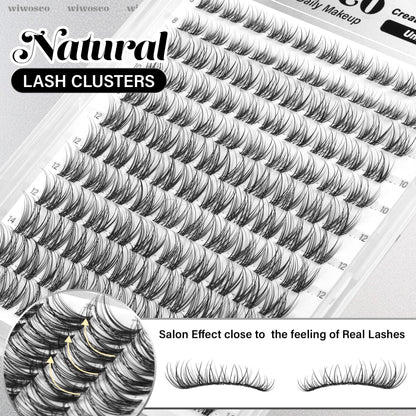 wiwoseo Flaunt Lash Clusters Kit – Natural D-Curl Wispy Lashes 8-14mm for Beginners