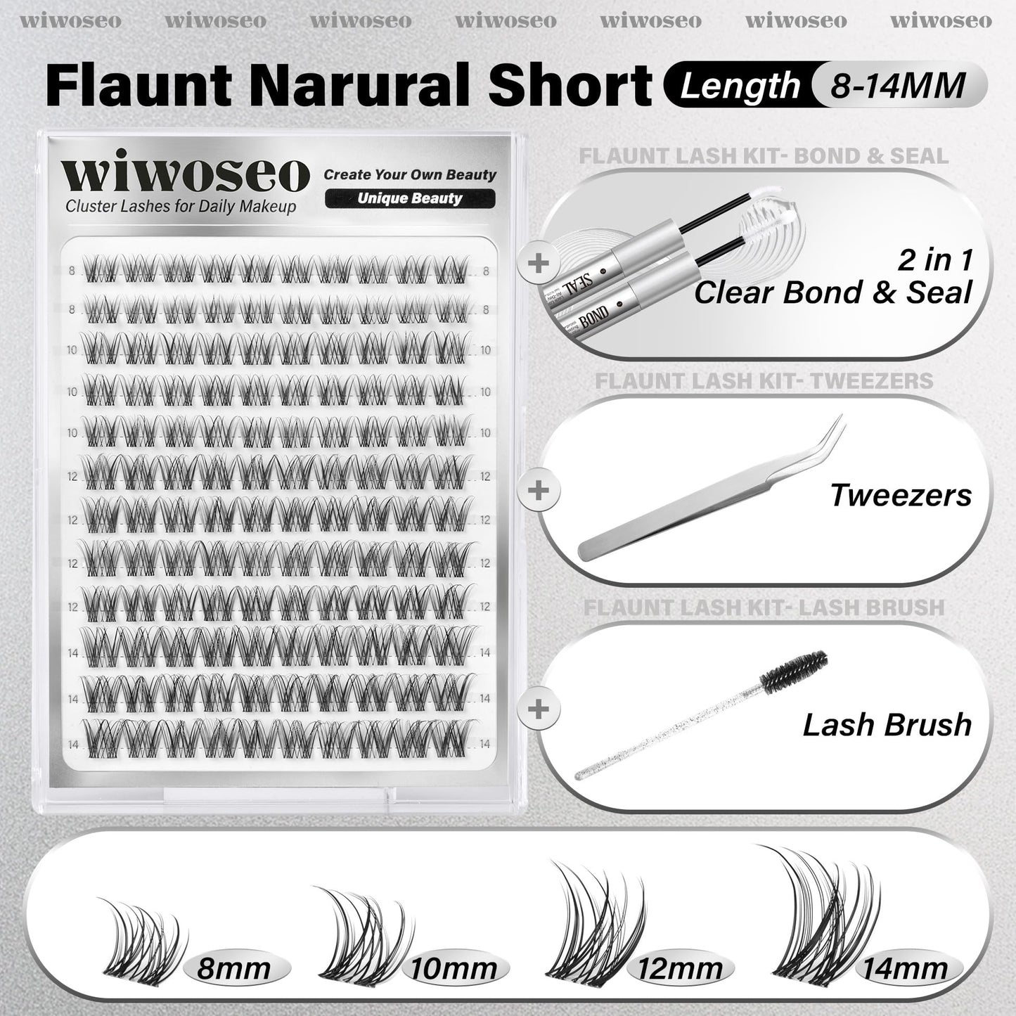 wiwoseo Flaunt Lash Clusters Kit – Natural D-Curl Wispy Lashes 8-14mm for Beginners
