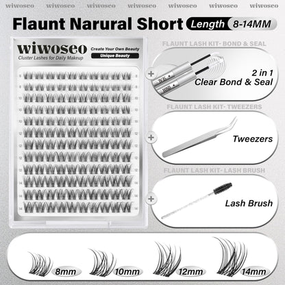 wiwoseo Flaunt Lash Clusters Kit – Natural D-Curl Wispy Lashes 8-14mm for Beginners