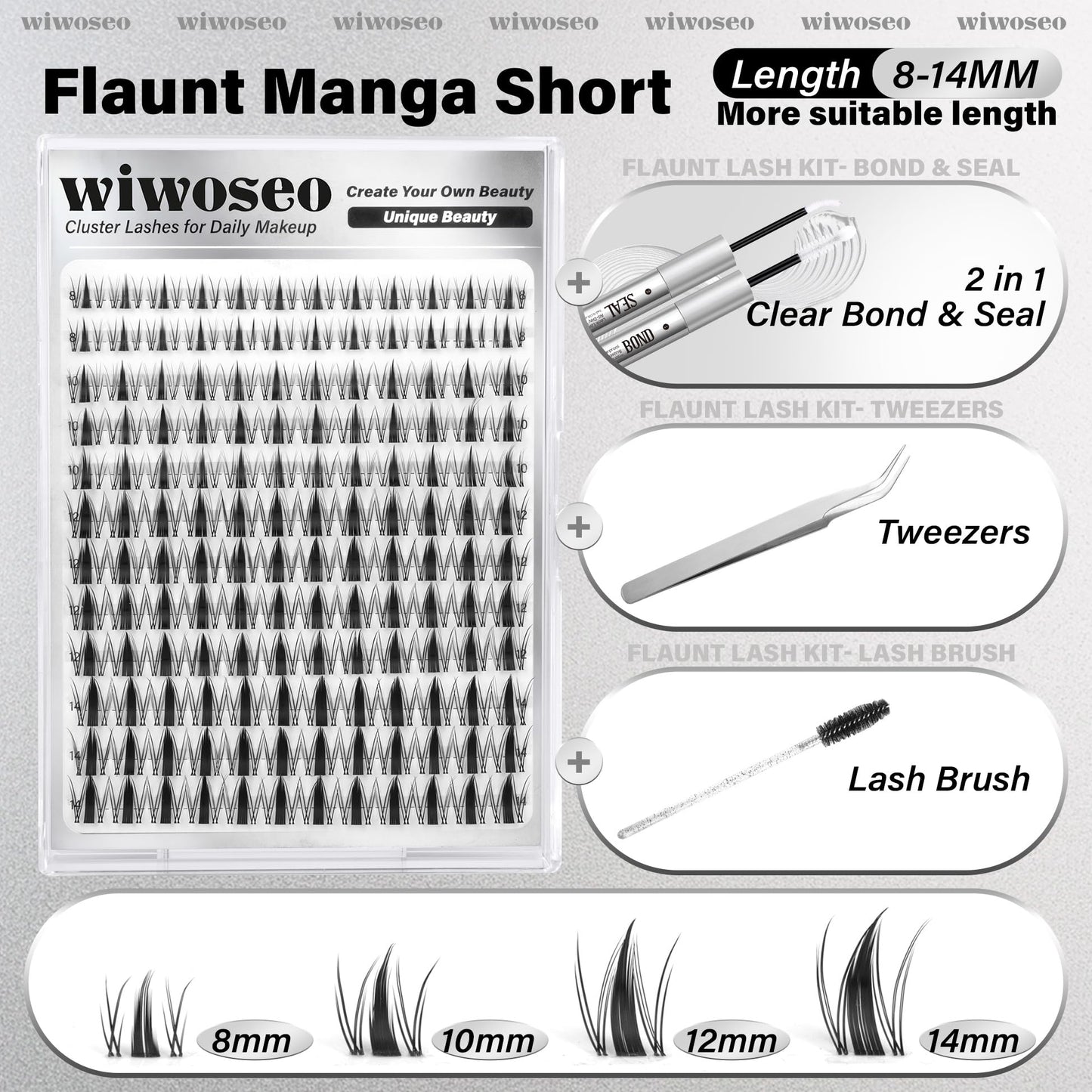 wiwoseo Flaunt Manga Lash Clusters Kit – Fairy Spiky Lashes, 8–14mm, Beginner Friendly