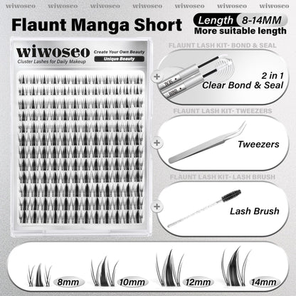 wiwoseo Flaunt Manga Lash Clusters Kit – Fairy Spiky Lashes, 8–14mm, Beginner Friendly