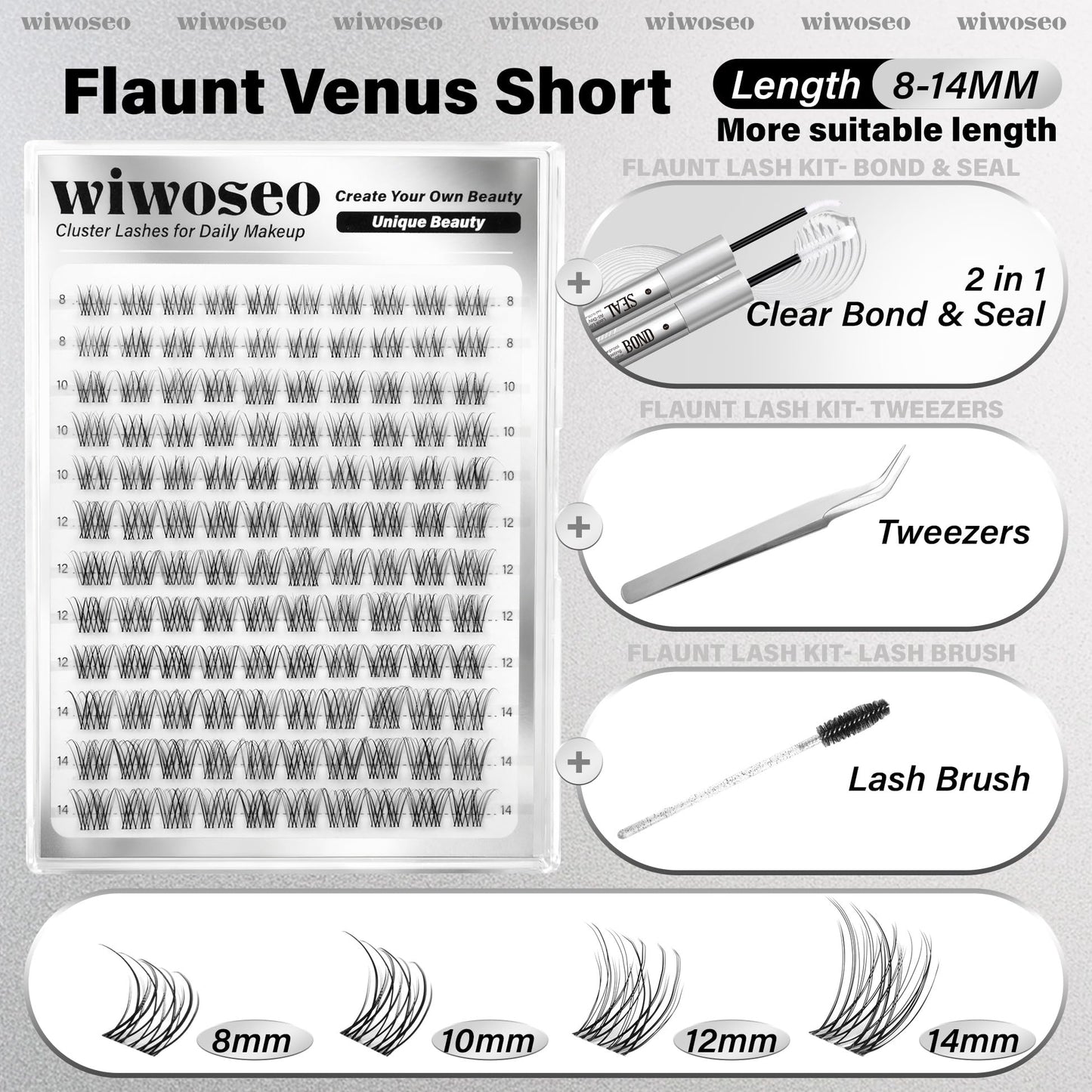 wiwoseo Flaunt Short Lash Clusters Kit – Venus Wispy Lashes, 8-14mm, C-Curl Extensions
