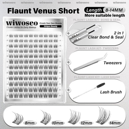 wiwoseo Flaunt Short Lash Clusters Kit – Venus Wispy Lashes, 8-14mm, C-Curl Extensions