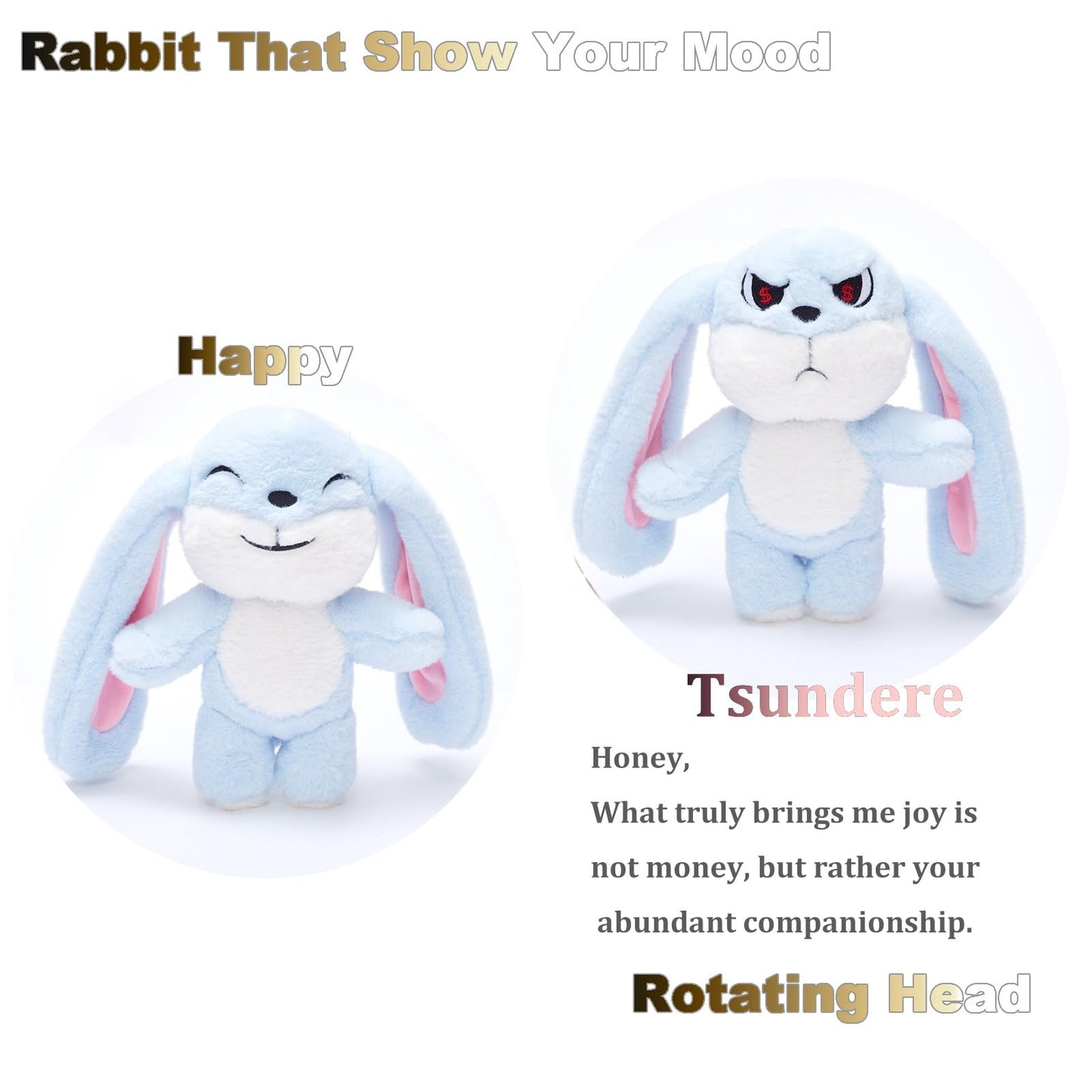 WLSUNYAO Bunny Plush Toy - Rotating Head Rabbit Plush Pillow, Mood-Expressive 11in Blue, Gift-ready