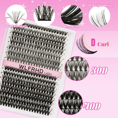 WLFRHD Lash Clusters Kit 320 Pcs – D Curl DIY Natural Wispy Lashes, Bond & Seal, Remover & Tweezers