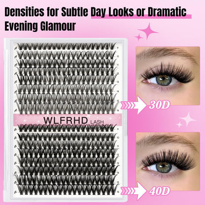 WLFRHD Lash Clusters Kit 320 Pcs – D Curl DIY Natural Wispy Lashes, Bond & Seal, Remover & Tweezers