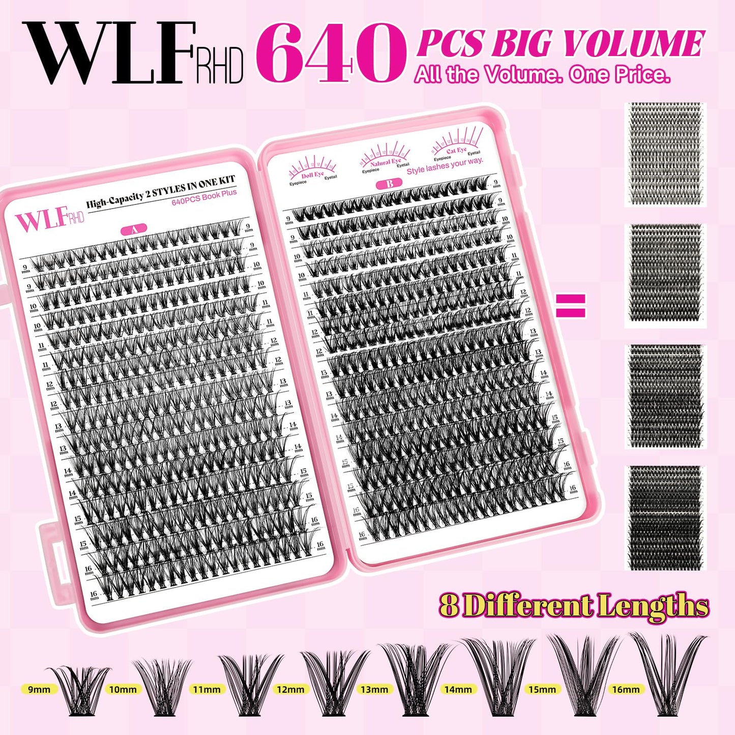 WLFRHD WLF Lash Clusters Kit – 640 Pcs 30D+40D D-Curl Eyelash Extensions Kit with Bond, Seal, Remover, Tweezers & Brush