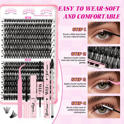 WLFRHD WLF Lash Clusters Kit — 640 Pcs D-Curl Extensions (9-16mm) with Bond, Remover & Tools