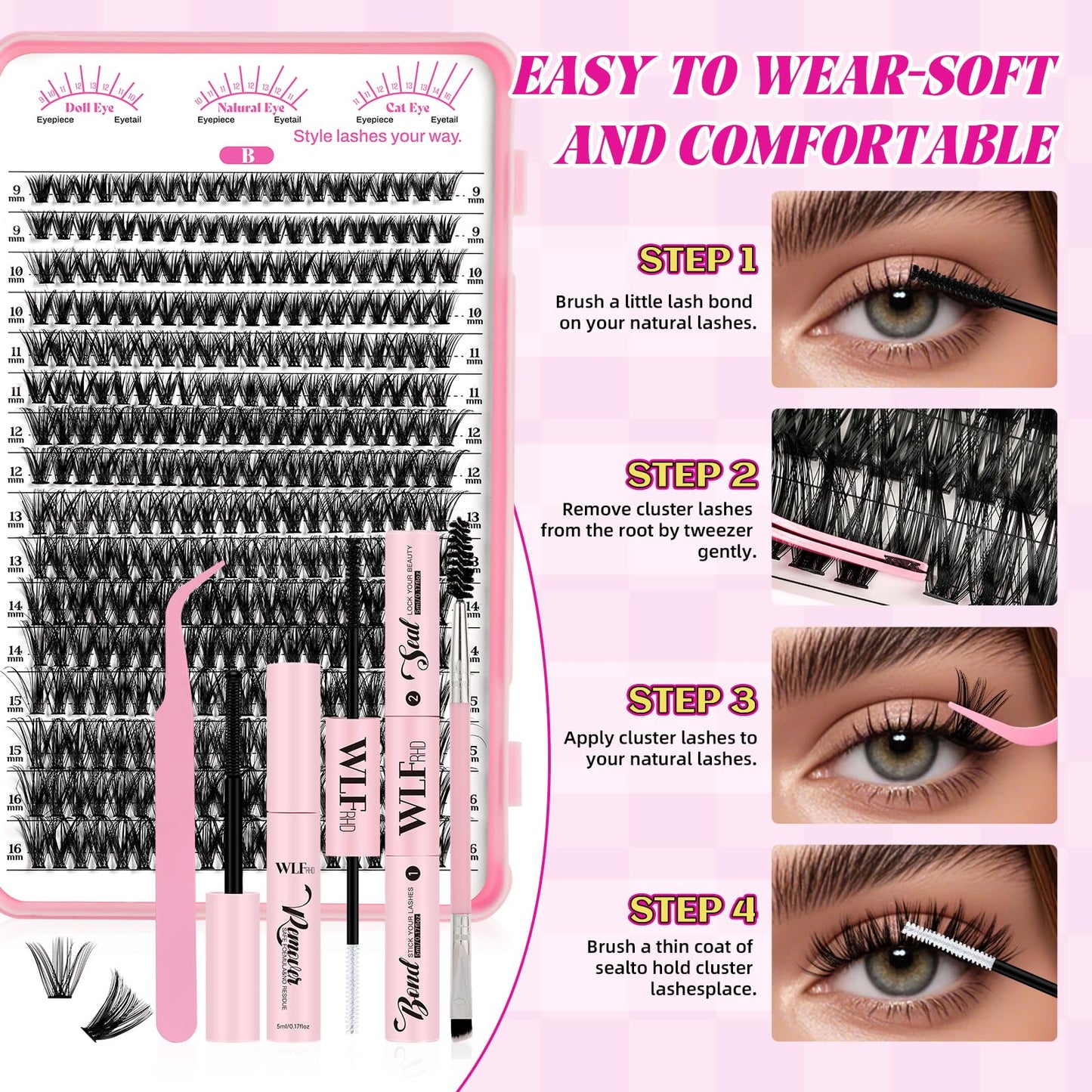 WLFRHD WLF Lash Clusters Kit 640 Pcs – D Curl Extensions, Bond & Seal, Remover, Tweezers & Brush