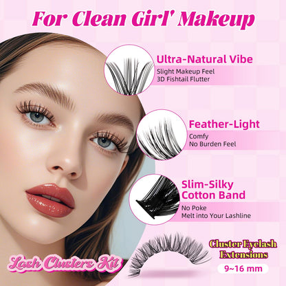 WLFRHD WLF Lash Clusters Kit – 640 Pcs 30D+40D D-Curl Eyelash Extensions Kit with Bond, Seal, Remover, Tweezers & Brush