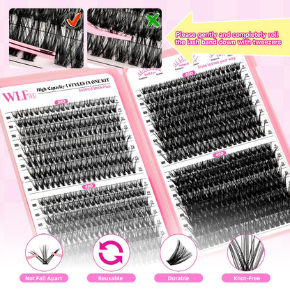 WLFRHD WLF Lash Clusters – 640 Pcs, 4 Styles, 9–16mm D-Curl Wispy Lashes