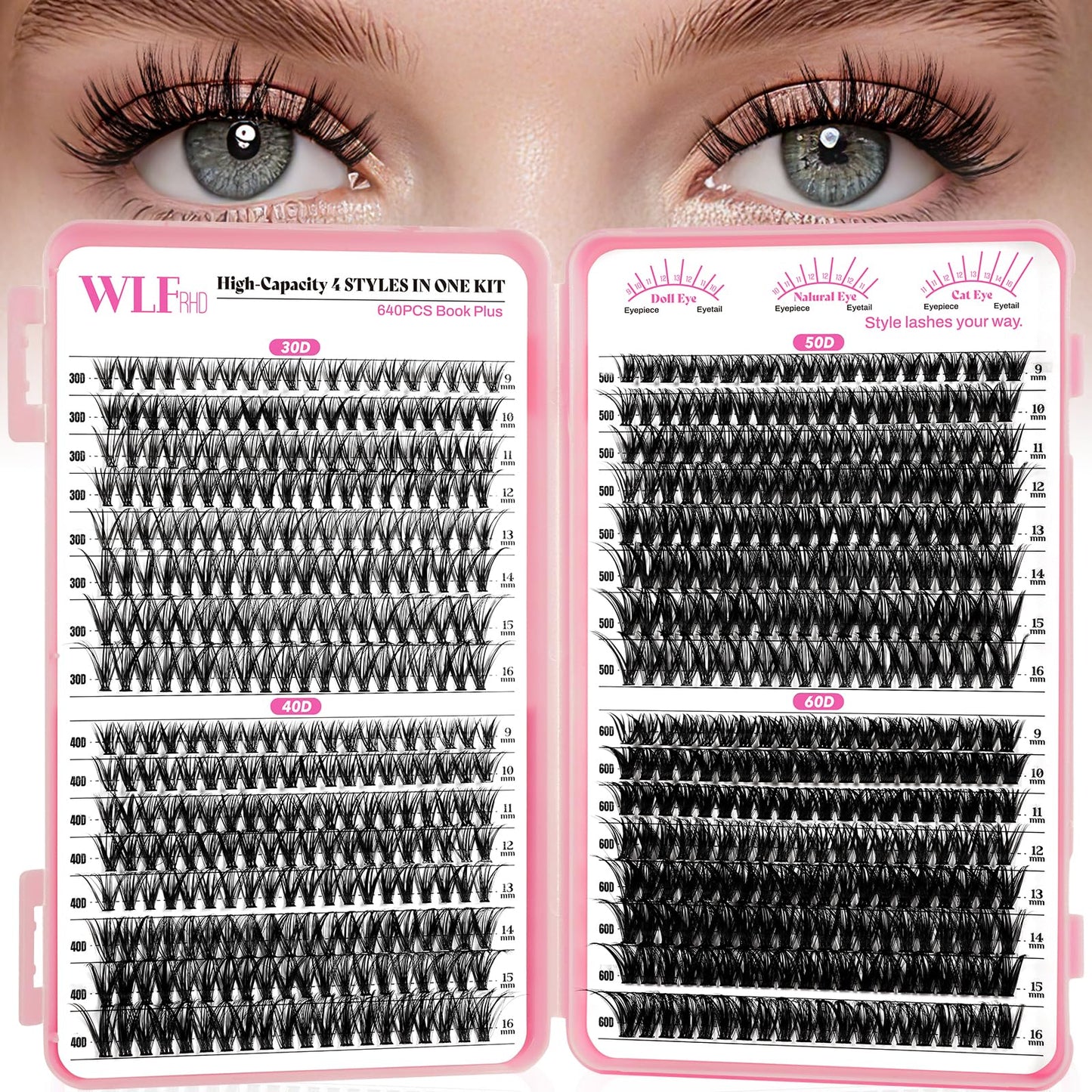 WLFRHD WLF Lash Clusters – 640 Pcs, 4 Styles, 9–16mm D-Curl Wispy Lashes