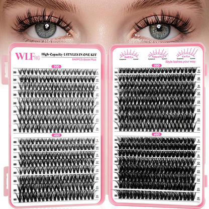 WLFRHD WLF Lash Clusters – 640 Pcs, 4 Styles, 9–16mm D-Curl Wispy Lashes