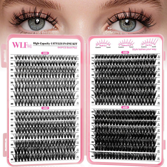 WLFRHD WLF Lash Clusters – 640 Pcs, 4 Styles, 9–16mm D-Curl Wispy Lashes