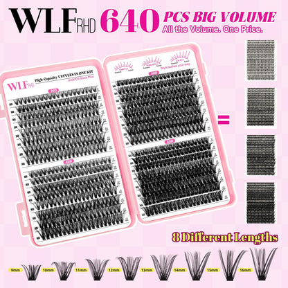 WLFRHD WLF Lash Clusters – 640 Pcs, 4 Styles, 9–16mm D-Curl Wispy Lashes