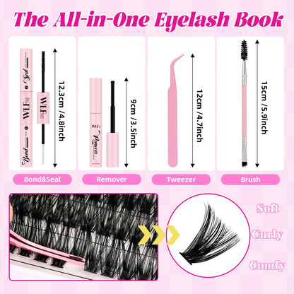 WLFRHD WLF Lash Clusters Kit — 640 Pcs D-Curl Extensions (9-16mm) with Bond, Remover & Tools