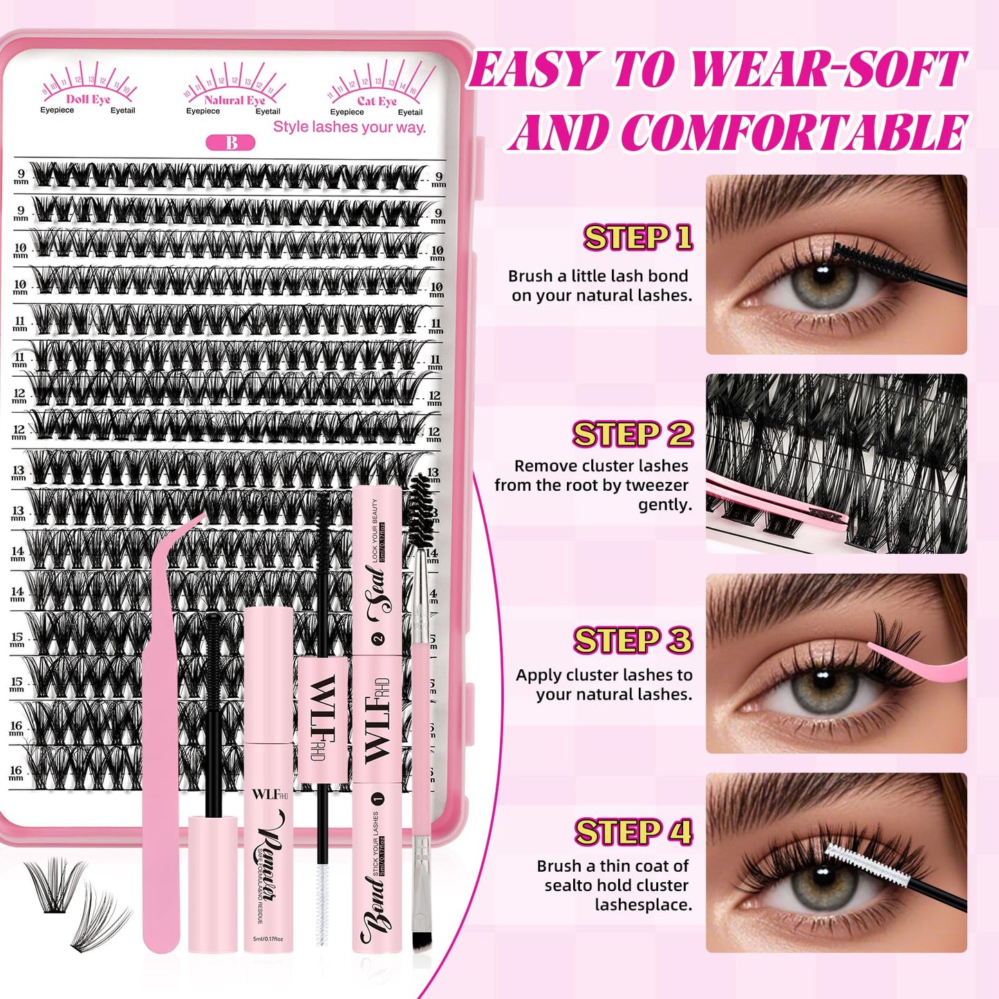 WLFRHD WLF Lash Clusters Kit – 640 Pcs 30D+40D D-Curl Eyelash Extensions Kit with Bond, Seal, Remover, Tweezers & Brush