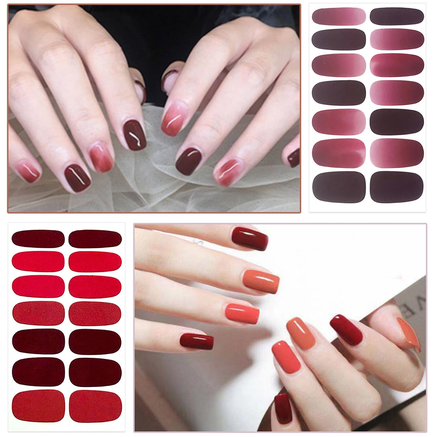 WOKOTO 20 Sheets Red Solid & Gradient Nail Polish Wraps – Easy Peel Semi-Gloss Nail Stickers