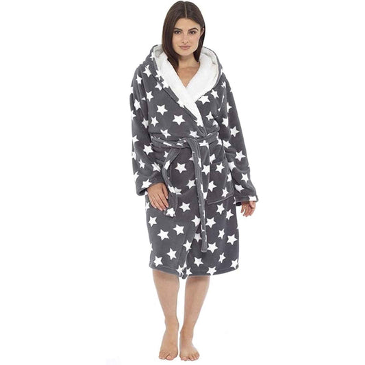 Women's Ultra Soft Plush Fleece Hooded Dressing Gown with Sherpa Lining Star Patterned Cozy Loungewear Nightwear Available in Sizes Small to X Large by Daisy Dreamer
