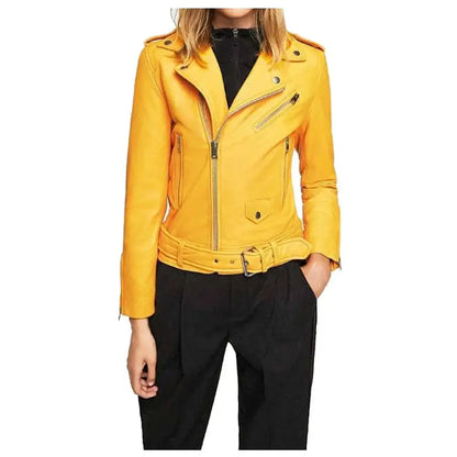 Women’s Mango Yellow Slim Fit Motorcycle Leather Jacket