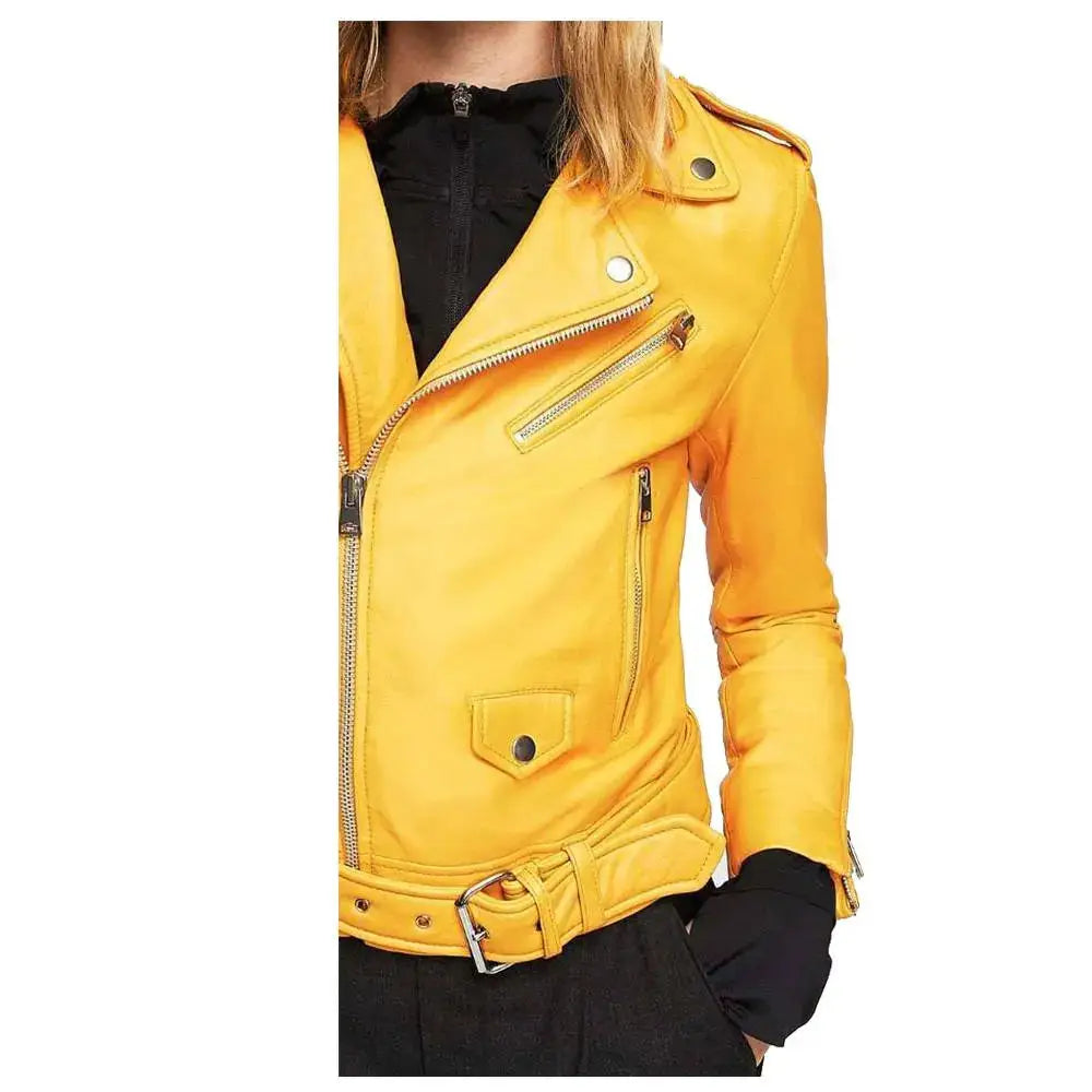 Women’s Mango Yellow Slim Fit Motorcycle Leather Jacket