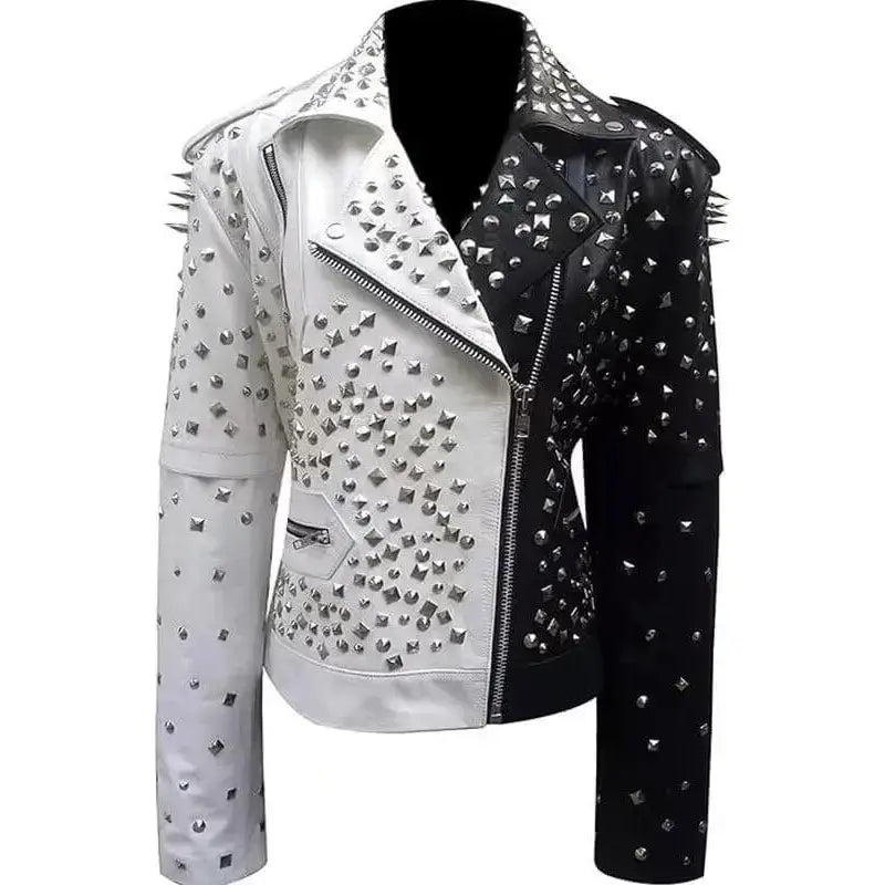 Women’s Black & White Silver Studded Biker Jacket Leather