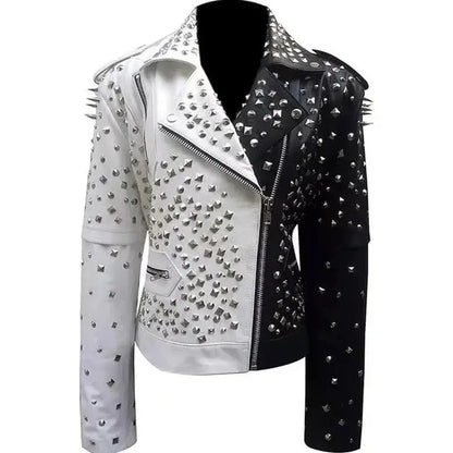 Women’s Black & White Silver Studded Biker Jacket Leather