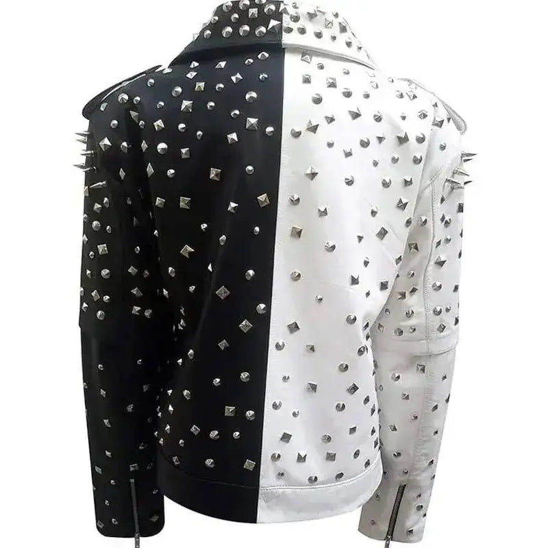 Women’s Black & White Silver Studded Biker Jacket Leather