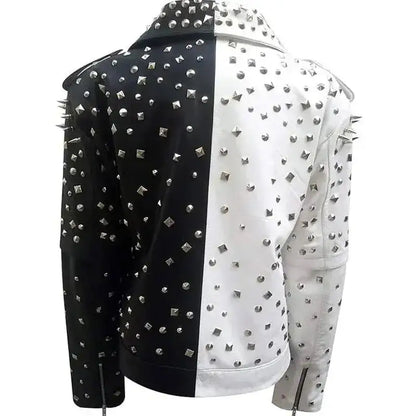 Women’s Black & White Silver Studded Biker Jacket Leather