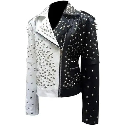 Women’s Black & White Silver Studded Biker Jacket Leather