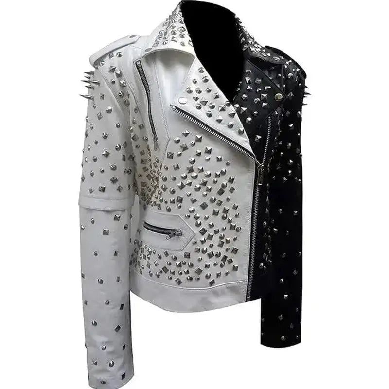Women’s Black & White Silver Studded Biker Jacket Leather