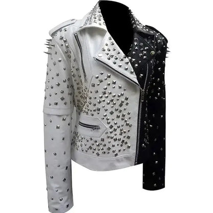 Women’s Black & White Silver Studded Biker Jacket Leather