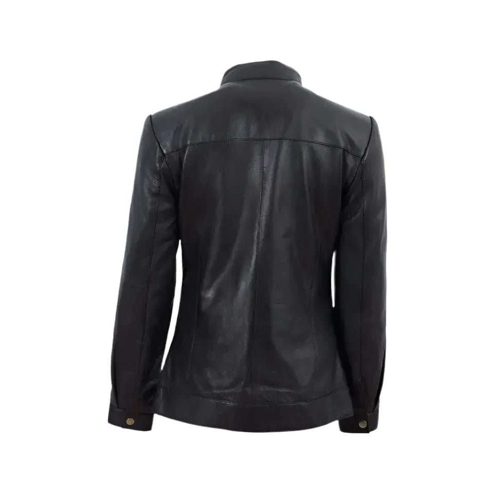 Women’s Black Band Collar Biker Leather Jacket