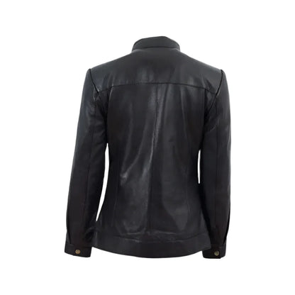 Women’s Black Band Collar Biker Leather Jacket