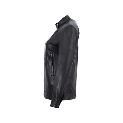 Women’s Black Band Collar Biker Leather Jacket
