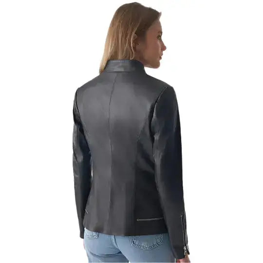 Women’s Black Leather Jacket with Zipper Hem Detail