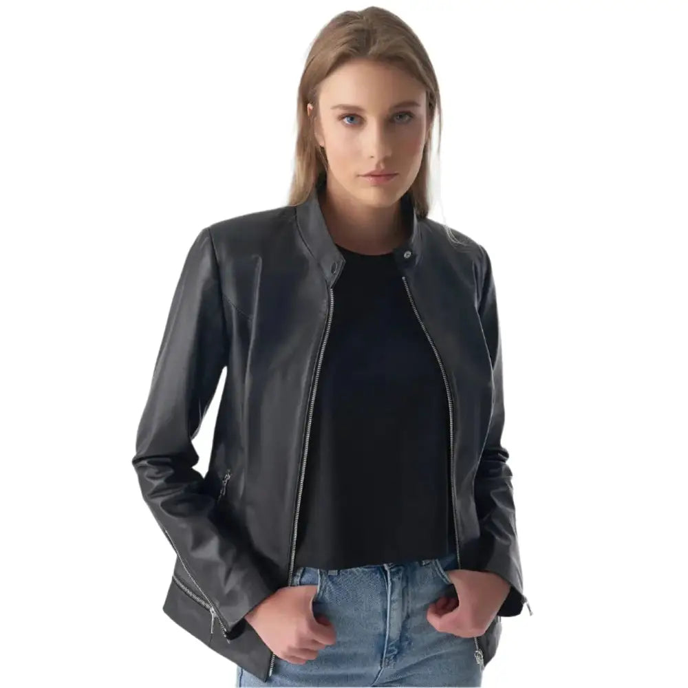 Women’s Black Leather Jacket with Zipper Hem Detail