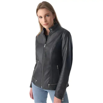 Women’s Black Leather Jacket with Zipper Hem Detail