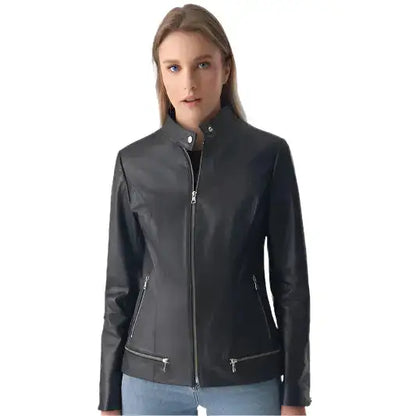 Women’s Black Leather Jacket with Zipper Hem Detail