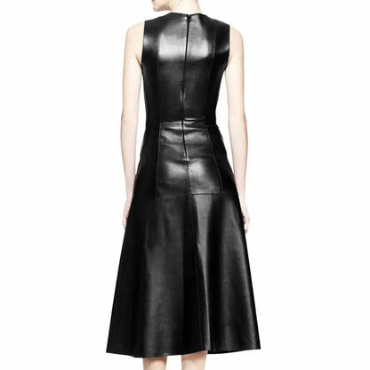 Women's Black Leather Long Party Coat
