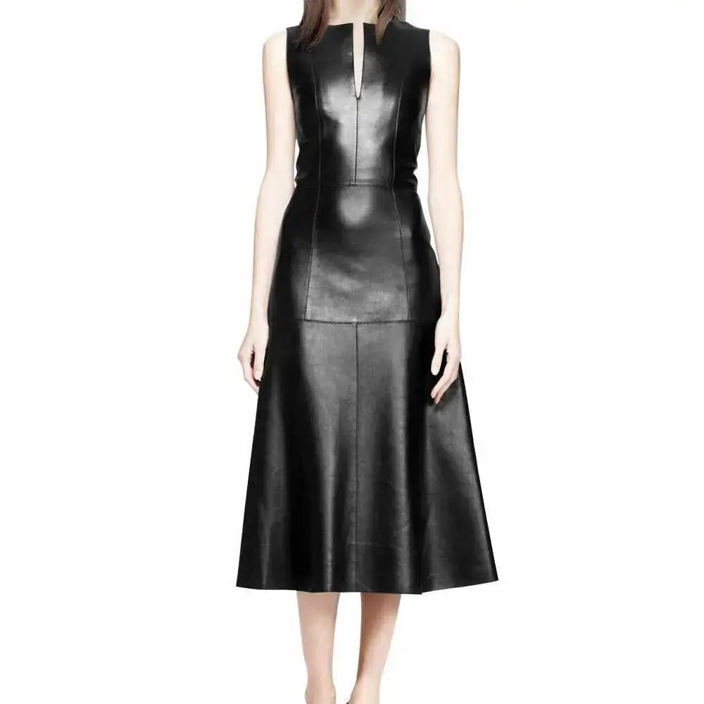Women's Black Leather Long Party Coat