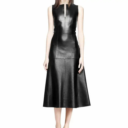 Women's Black Leather Long Party Coat