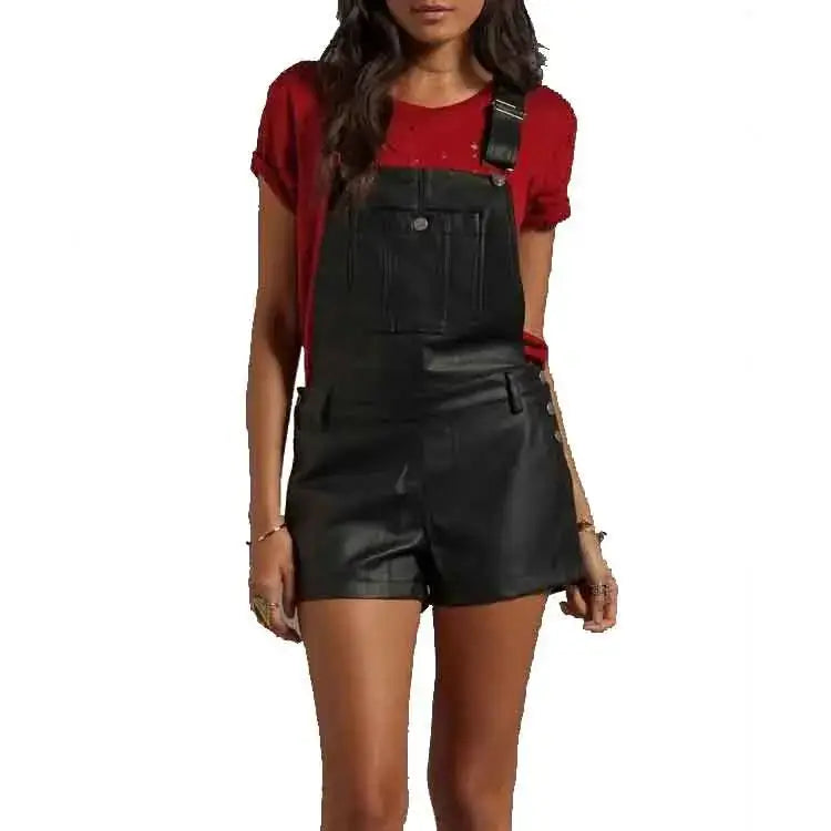 Women’s Black Faux Leather Overall Romper Leather Jumpsuit
