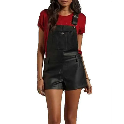 Women’s Black Faux Leather Overall Romper Leather Jumpsuit