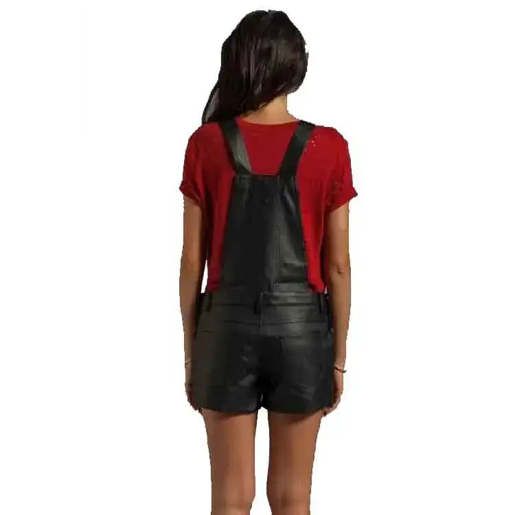 Women’s Black Faux Leather Overall Romper Leather Jumpsuit